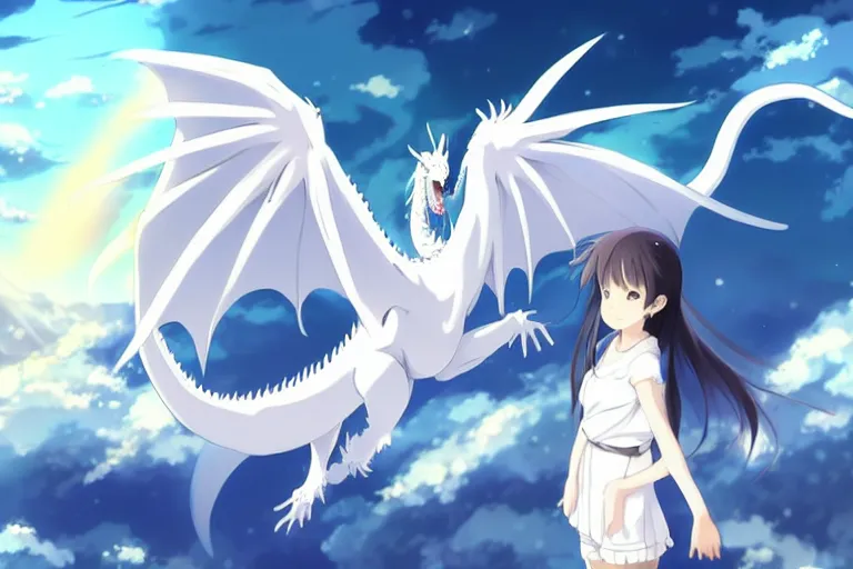 Image similar to anime art full body portrait character concept art, panorama, be surrounded by a huge silver white dragon center, lie on white clouds fairyland, anime key visual of white dragon and girl, finely detailed perfect face delicate, distant lens, style of raphael lacoste, trending on pixiv fanbox, james jean, studio ghibli, xision, extremely high quality artwork