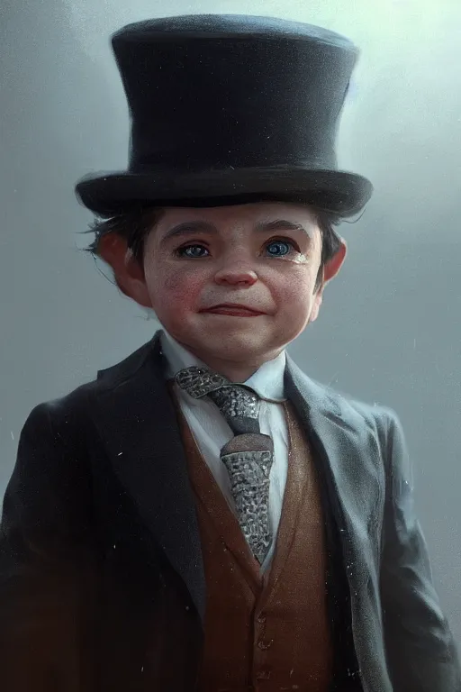 Prompt: A closeup of a short old halfling with a suit and top hat by Greg Rutkowski, 4k photorealistic, volumetric lighting, HD, high details, dramatic, trending on artstation