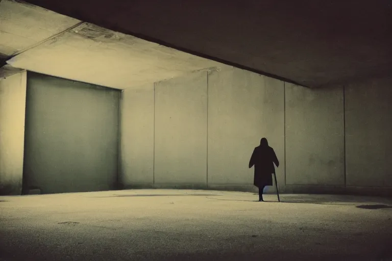 Image similar to shadowed figure with a low glow, inside of an badly lit 1970s parking garage, ektachrome photograph, volumetric lighting, f8 aperture, cinematic Eastman 5384 film