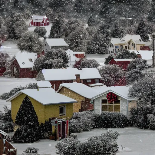 Image similar to A small rural town and neighborhood with small houses from the foreground into the horizon of the background on long roads and streets decorated with Christmas themed objects on their lawns, in the winter months of december, snow is everywhere, it is currently snowing and cloudy, very nostalgic, very melancholic, dramatic angle, rotoscoped, rotoscope, photoshop, photomanipulation, realism, painting, illustration and sketch, weird scribbles, hybrid styles, hybrid art styles, mismatched, trending on artstation, trending on deviantart, weird, quirky, interesting, very detailed, highly detailed, HD Quality, 4k resolution, 8k resolution, in the style of David Firth, in the style of James Lee, in the style of Drue Langlois,