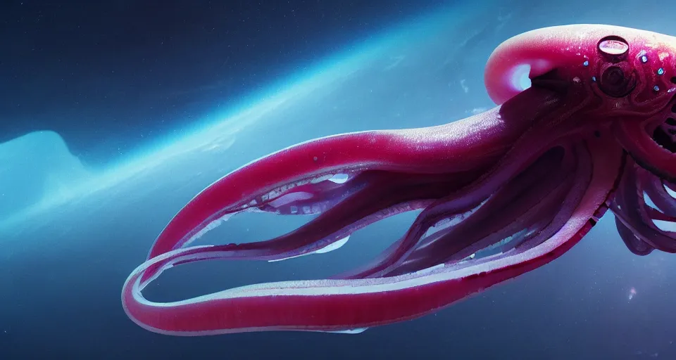 Prompt: A wide shot of a squid with sharp translucent teeth in space art by Maciej Kuciara and Jason Chan, ominous, cosmic horror, trending on artstation, Ultra detailed, hyper realistic, telephoto lens 4k