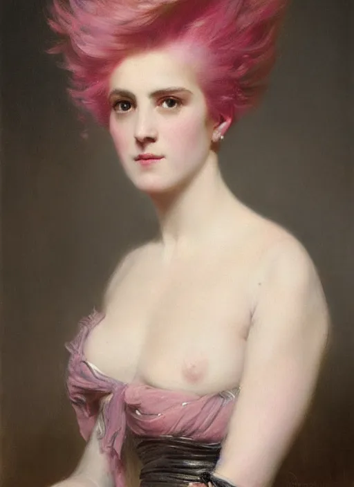 Image similar to a detailed portrait of woman with a mohawk by edouard bisson, pink hair, punk rock, oil painting, muted colours, soft lighting