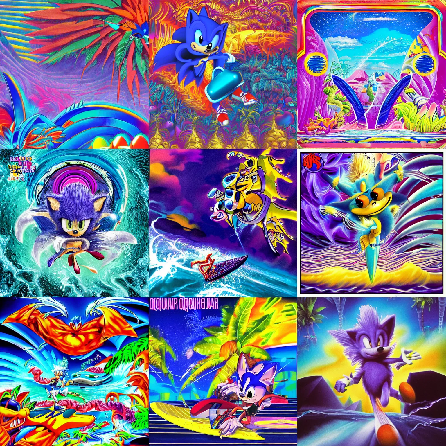 Prompt: surreal, sharp, detailed professional, high quality airbrush art MGMT album cover of a liquid dissolving LSD DMT blue sonic the hedgehog surfing through cyberspace, tropical ocean, purple checkerboard background, 1980s 1985 arcade video game album cover