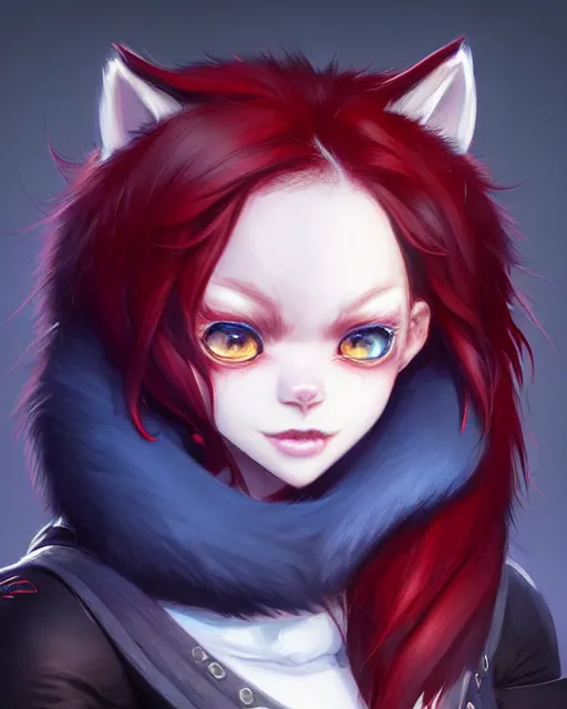 Image similar to character concept art of a black anthropomorphic furry wolf red hair blue eyes | | cute - fine - face, pretty face, key visual, realistic shaded perfect face, fine details by stanley artgerm lau, wlop, rossdraws, james jean, andrei riabovitchev, marc simonetti, and sakimichan, artstation