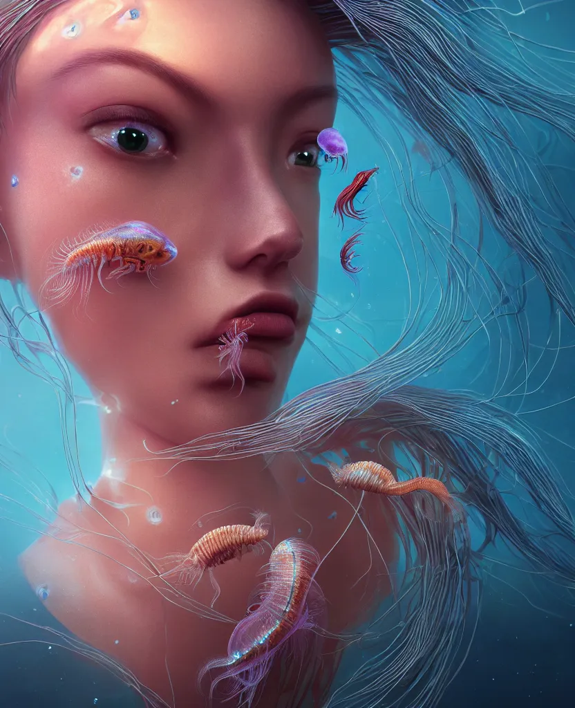 Image similar to beautiful female close-up portrait. orchid jellyfish, deep angler fish, phoenix head, nautilus, skull, betta fish, bioluminiscent creatures, intricate artwork by Tooth Wu and wlop and beeple. octane render, trending on artstation, greg rutkowski, xsullo, very coherent symmetrical artwork. cinematic, hyper realism, high detail, octane render, 8k