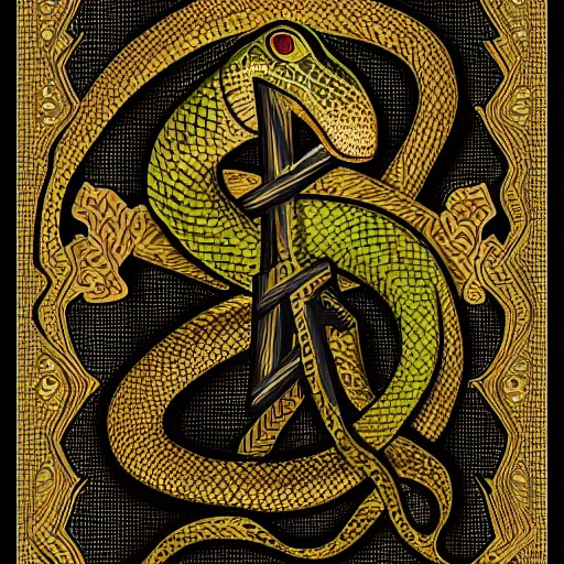 Prompt: a snake with bright eyes wrapped around a christian cross, intricate, award - winning, digital art
