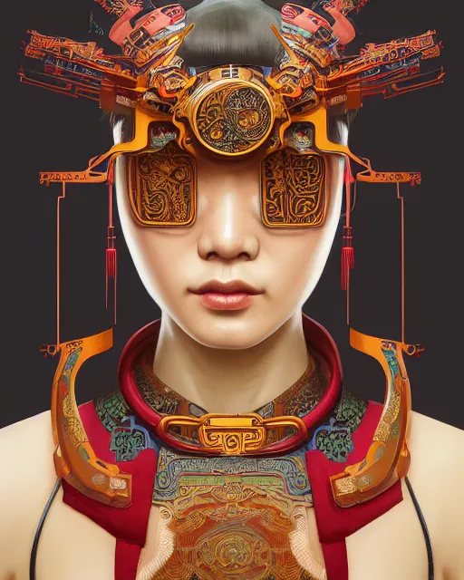 Image similar to portrait of a cyberpunk machine, machine face, upper half portrait, decorated with chinese opera motifs, asian, fine china, wuxia, traditional chinese art, intricate, elegant, highly detailed, symmetry, headpiece, digital painting, artstation concept art smooth sharp focus, illustration, art by artgerm and greg rutkowski alphonse mucha 8 k