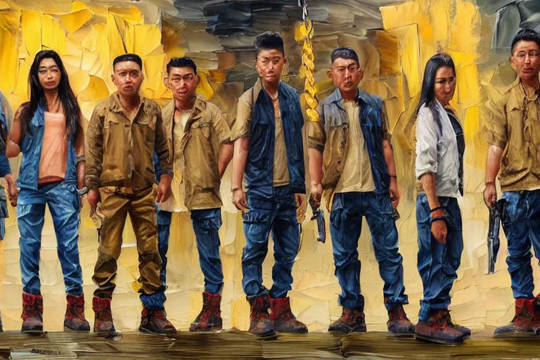 Prompt: palette knife oil painting of the underhand naga gang, a mixed asian gang who wear cargo or cami pants, work boots, and light navy jackets over beige shirts. they wrap their hands in rope and wield smg - tonfa hybrids. extreme detail, artstation trending, artgerm, deviant art, octane, substance, art history 8 k