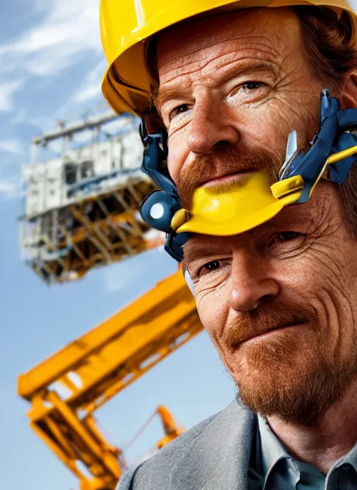 Prompt: closeup portrait of mecha bryan cranston with construction crane spider legs, yellow hardhat, natural light, bloom, detailed face, magazine, press, photo, steve mccurry, david lazar, canon, nikon, focus