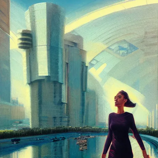 Image similar to detailed face of an arabic woman, tectonic cityscape, skydome, reactor, utopian, wet reflections, prism, atmospheric, ambient, pj crook, syd mead, livia prima, artgerm, greg rutkowski, nick alm, casey baugh