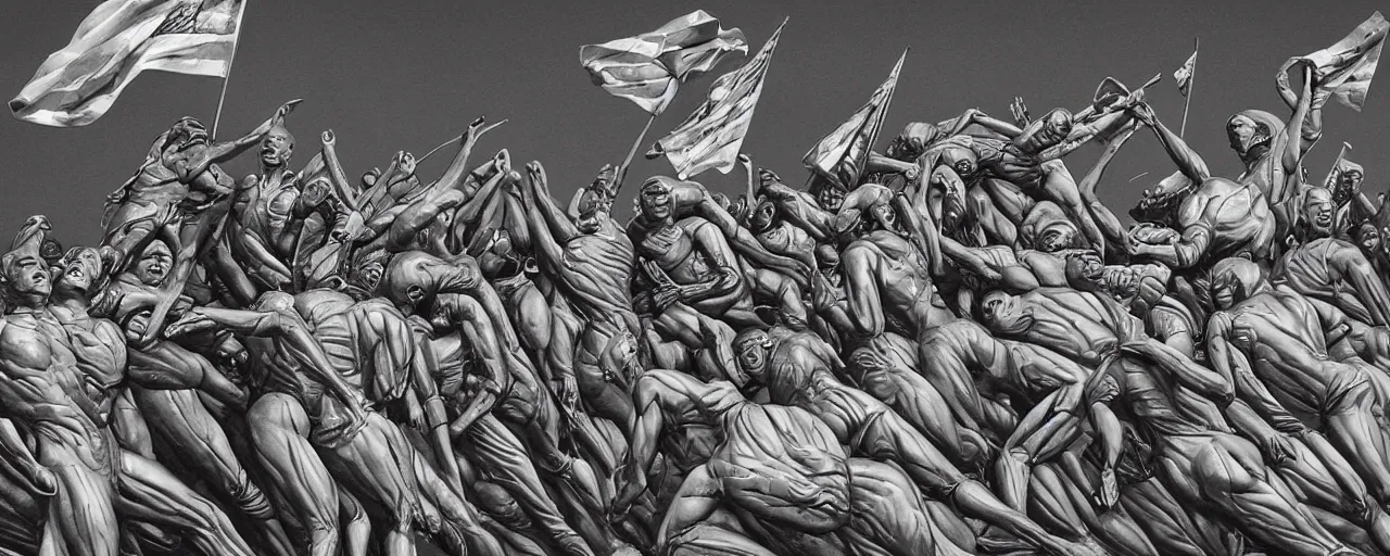 Prompt: androids raising the flag on iwo jima in the style of alex grey and hr giger