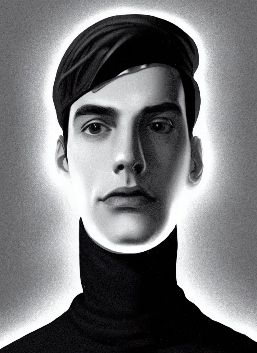 Image similar to portrait of teenage jughead jones wearing a light grey crown, crown, blue turtleneck, 1 9 5 0 s, closed eyes, photorealistic, black hair, glowing lighting, intricate, elegant, glowing lights, highly detailed, digital painting, artstation, concept art, smooth, sharp focus, illustration, art by wlop, mars ravelo and greg rutkowski