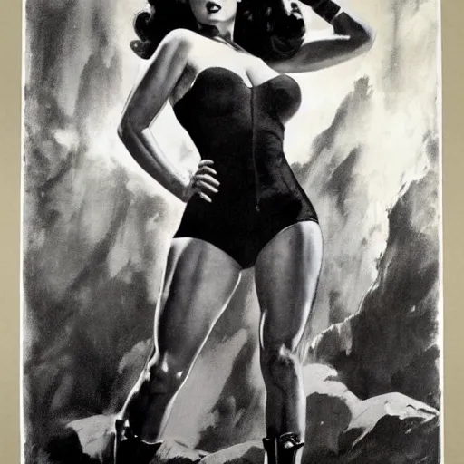 Image similar to epic wide angle full body portrait of Betty Paige, by frank Frazetta