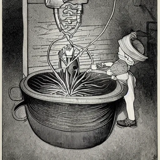 Prompt: heath robinson illustration of the human heart as plumbing