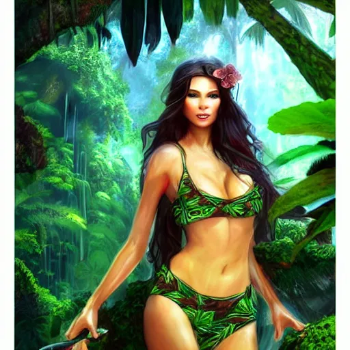 Prompt: beautiful jungle woman in the rainforest fully clothed, 3 - d 8 k resolution, concept art, detailed matte painting, digital art, artstation, amazing background, devianart, digital illustration, colorful lovely dreamscape in soft colors, highly detailed, by anne stokes,