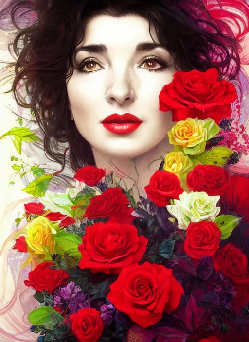 Image similar to portrait of kate bush against a neon multicolored background, lush black hair, pale skin, white and red roses, flowing material, intricate, beautiful cinematic lighting, stunning painting by artgerm, caravaggio, android jones, wadim kashin, alphonse mucha