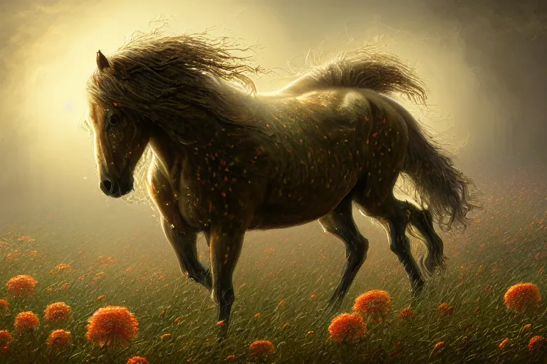 Prompt: a stunning digital painting of a horse made of instricately engraved gnarled wood with a mane of bioluminescent flowers running through a field of flowers by greg rutkowski, flowercore, volumetric light, digital art, fine detail, photorealistic