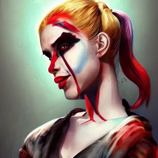 Image similar to Portrait of Harley Quinn but she's a beautiful ape-girl with long pony tails on either side of her head, illustration, by James Jean, artgerm, octane render, by John Coltrane and Marc Simonetti, Manic, inspired by Greg rutkowski, black background, kinemacolor, colorful, high detail of the face, full body