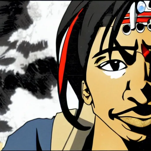 Image similar to Tupac Shakur, screenshot from a 2012s anime