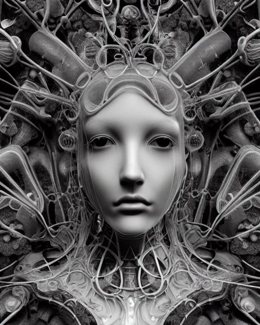 Image similar to mythical dreamy black and white organic bio-mechanical spinal ribbed profile face portrait detail of translucent steampunk beautiful female angelic-human-queen-vegetal-cyborg, highly detailed, intricate trnaslucent ivy jelly ornate, poetic, translucent roses ornate, 3D render, digital art, octane render, 8K artistic photography, photo-realistic, by Dora Maar