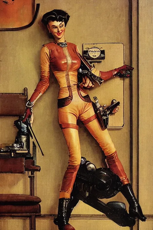 Image similar to 5 0 s pulp scifi fantasy illustration full body portrait slim mature woman in leather spacesuit in room, by norman rockwell, roberto ferri, daniel gerhartz, edd cartier, jack kirby, howard v brown, ruan jia, tom lovell, frank r paul, jacob collins, dean cornwell, astounding stories, amazing, fantasy, other worlds