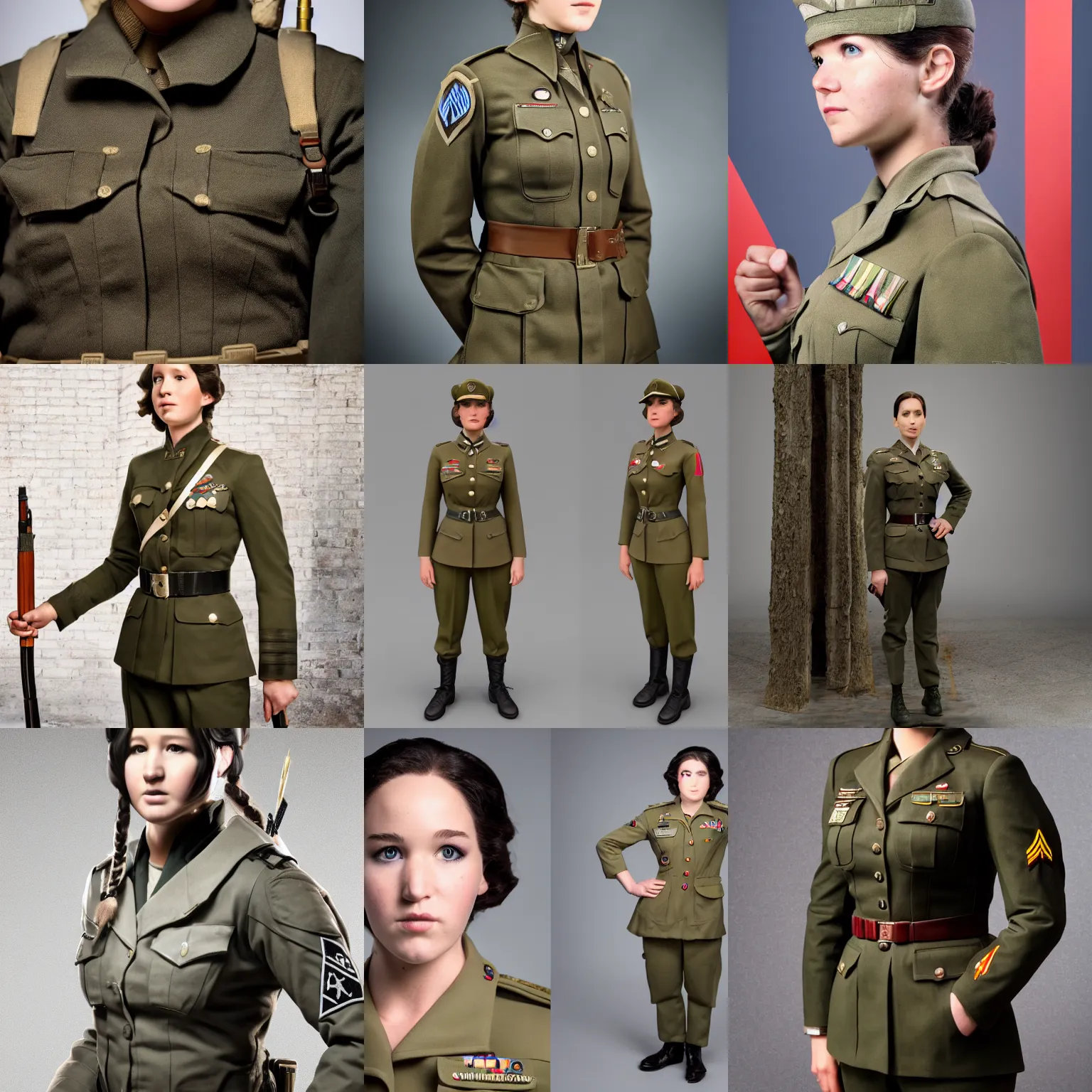 Prompt: ( ( ( ( ( katniss everdeen ) ) ) ) ) wearing ww 2 general's uniform, photo of head, upper body, and lower body, studio photoshoot, 4 k / 8 k