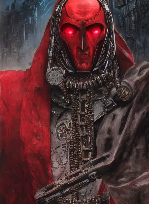 Image similar to portrait of rotten Nicolas Cage as adeptus mechanicus in red hood and robe from Warhammer 40000. Highly detailed, artstation, illustration by and John Blanche and zdislav beksinski and wayne barlowe