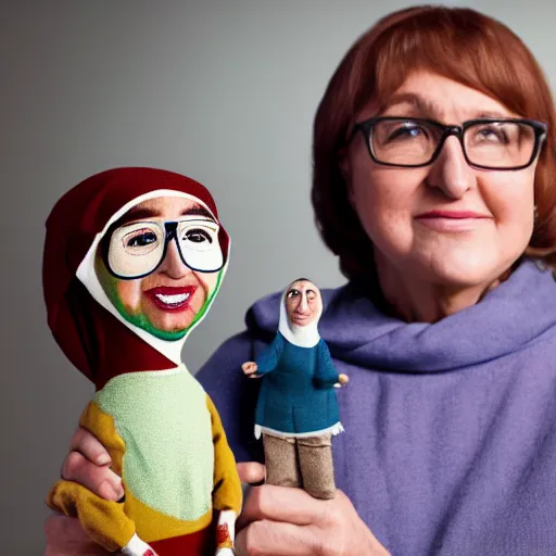 Prompt: portrait of a babushka with a miniature John Oliver puppet