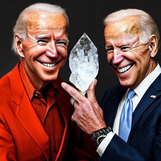 Image similar to UHD candid photo of Joe Biden and Hunter Biden holding up a giant quartz crystal, wearing clown makeup, UHD, photorealistic, correct face, photo by Annie Leibowitz