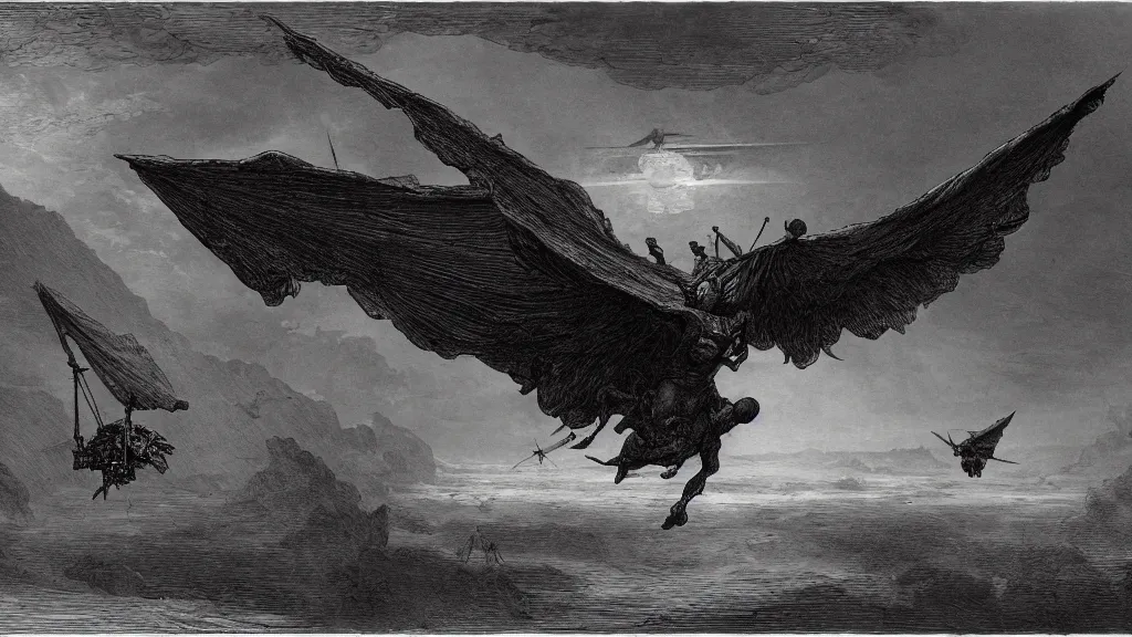 Image similar to drawing of an ornithopter flying toward a desert storm, by gustave dore, nineteenth century, black and white, vintage, science fiction, epic composition, dramatic lighting, highly detailed, cinematic