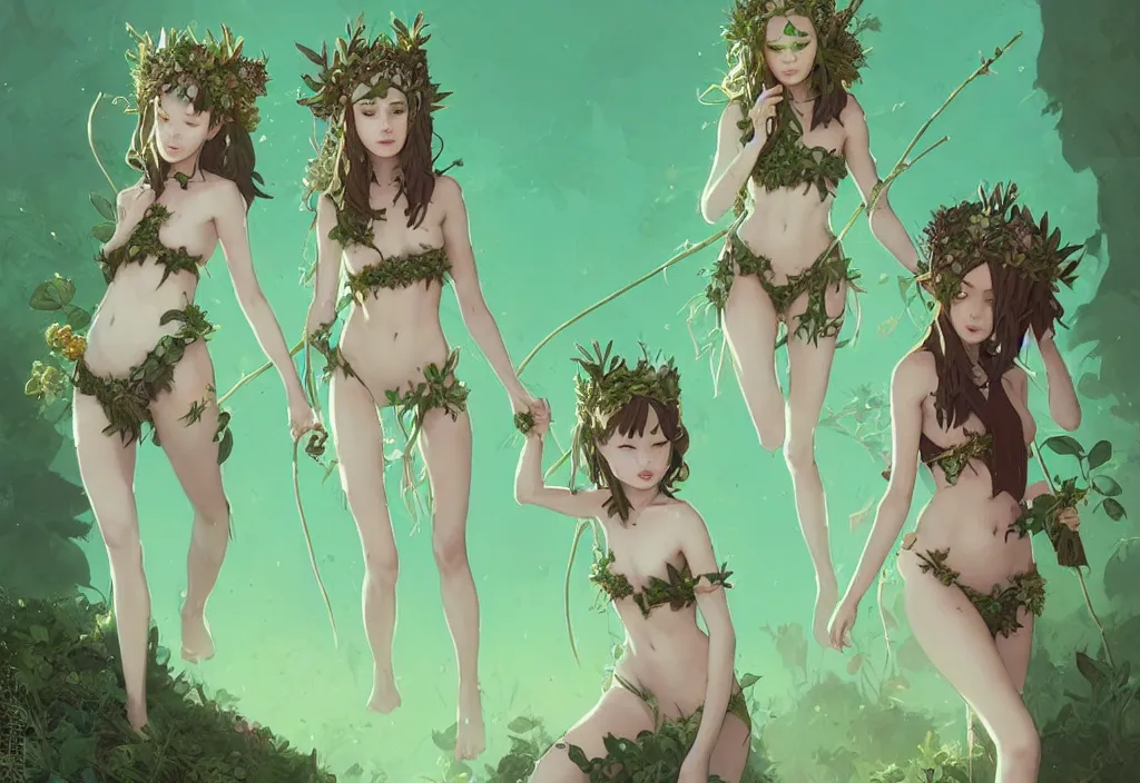 Image similar to two cute fairy girls with crown of flowers in plants bikini covered with celtic rune tattoos, fantasy, by atey ghailan, by greg rutkowski, by greg tocchini, by james gilleard, by joe gb fenton, by in kaethe butcher, dynamic lighting, gradient light green, brown, blonde cream and white color in scheme, grunge aesthetic