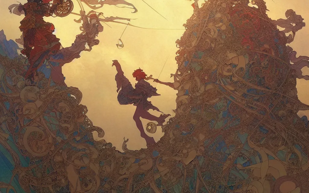 Prompt: A landmass in the sky being held up by a statue of Virtue in the style of ecopunk, intricate very detailed, colored manga line art, by Mucha and Craig Mullins, anime trending on artstationHQ