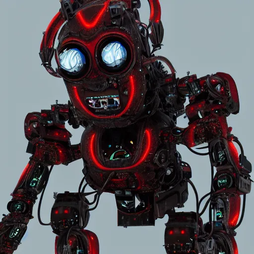 Prompt: robot demon with no mouth, abomination, scary, lots of wires, 8 k, highly detailed, extreme detail, photorealism