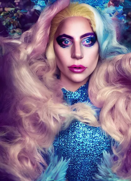 Image similar to lady gaga photohoot artpop disney princess, vogue magazine, fairytale, Highly realistic. High resolution. Highly detailed. Dramatic. 8k.4k.