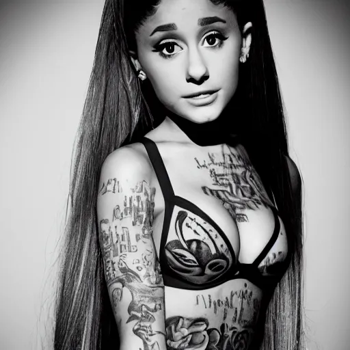 Prompt: ariana grande recursive photo beautiful ariana grande photo bw photography 130mm lens. ariana grande backstage photograph posing for magazine cover. award winning promotional photo. !!!!!COVERED IN TATTOOS!!!!! TATTED ARIANA GRANDE NECK TATTOOS. Zoomed out full body photography. very very very detailed.
