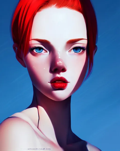 Image similar to a detailed portrait of a cute woman with red hair and freckles by ilya kuvshinov, digital art, dramatic lighting, dramatic angle