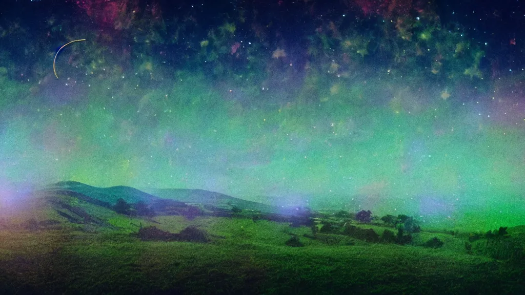 Prompt: double exposure of a beautiful golden hour welsh hill and beautifully enchanted fields, moonlight, aurora borealis, cosmic stars, grainy film, cinematic, haunted psychedelic VHS glitch