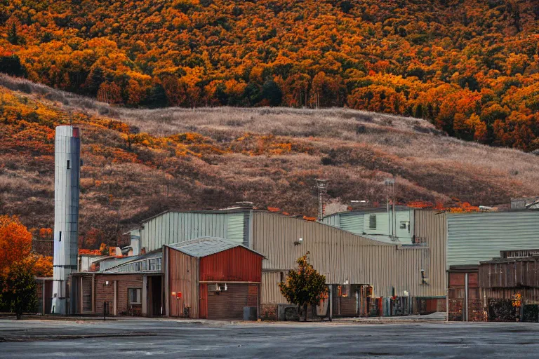 Image similar to warehouses on either side of a street, with an autumn hill directly behind, radio tower. Lens compression, photography, highly detailed