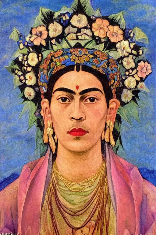 Image similar to queen of flowers, by Nicholas Roerich and Annie Swynnerton and Frida Kahlo, dramatic cinematic lighting , ornate headdress , flowing robes, sacred artifacts, lost civilizations, smooth, sharp focus, extremely detailed