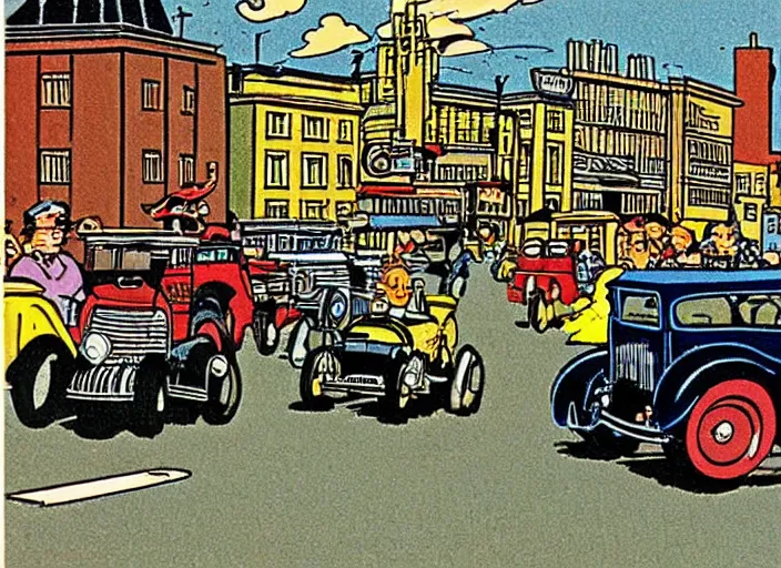 Prompt: hotrods driving down a street , vintage, highly detailed, by Hergé