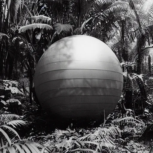 Image similar to a rizom lost film footage of a sphere in the middle of the tropical jungle / tribalism / modernism / film still / cinematic / enhanced / 1 9 2 0 s / black and white / grain