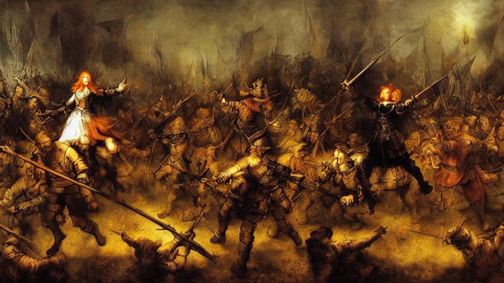 Prompt: lithe waif redhead witch leading an army of the dead, epic fantasy painting by rembrandt van rijn