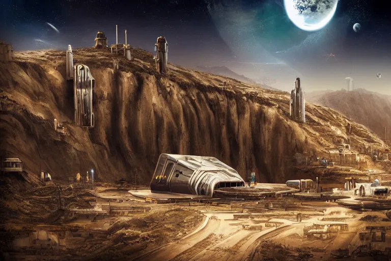 Image similar to favela spaceship cathedral bunker, desert environment, industrial factory, cliffs, bright, milky way, award winning art, epic dreamlike fantasy landscape, ultra realistic,