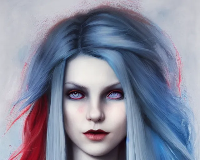 Image similar to A detailed matte oil on canvas head on symmetrical portrait of a distinguished elven woman with red and blue hair on an empty background, by Charlie bowater, Lise Deharme, Wlop, trending on artstationhd, dungeons and dragons art, parted hair , half blue, half red , split dye, critical role