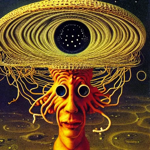 Image similar to flying spaghetti monster wearing colander as a hat, creating the universe, by otto dix, junji ito, hr ginger, jan svankmeyer, beksinski, claymation, hyperrealistic aesthetic, masterpiece