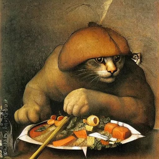 Image similar to the cat cooks soup, stirring a pot with a ladle and cutting vegetables, oil painting, drawn by Leonardo Da Vinci
