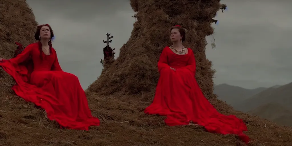 Image similar to film still of closeup a woman sitting on a throne in red long dress on the mountain of dead knights. by emmanuel lubezki