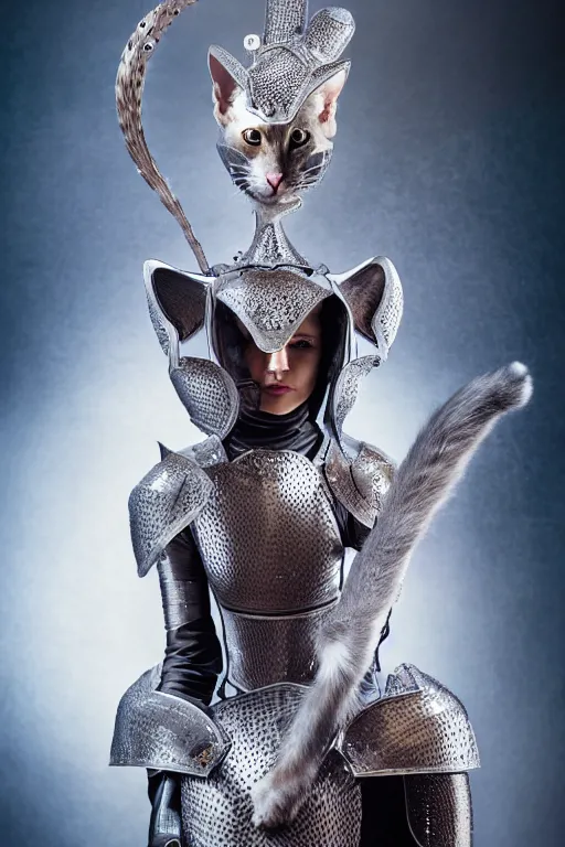 Image similar to female knight wearing a real cat on her head, armor designed by wayne barlowe, swarovski and tiffany, blonde hair, symmetry, sci - fi, cinematic, elegant, luxury, perfect light, perfect composition, dlsr photography, sharp focus, dark fantasy, 4 k, ultra hd, sense of awe, highly detailed, realistic, intricate