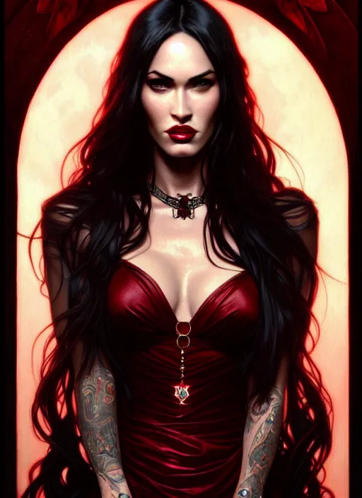 Image similar to portrait of megan fox as a vampire queen, jewelry, greek, dark ruby, intricate, headshot, highly detailed, digital painting, artstation, concept art, sharp focus, cinematic lighting, illustration, art by artgerm and greg rutkowski, alphonse mucha, cgsociety