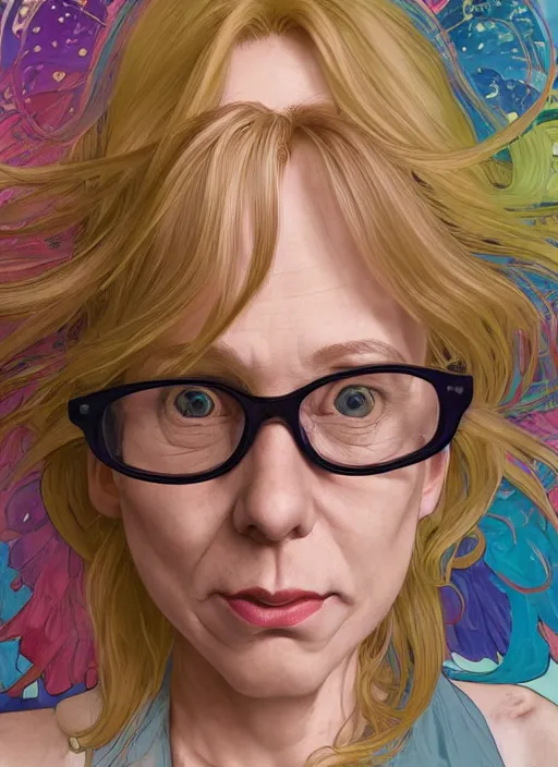 Prompt: wide angle full body portrait shot todd solondz blond older woman wearing flowing colourful clothes, glasses, introvert geek, shy, clear todd solondz female face, highly detailed face, detailed eyes, alphonse mucha, rhads, rebecca guay, artstation, artgerm, octane render, 1 6 k